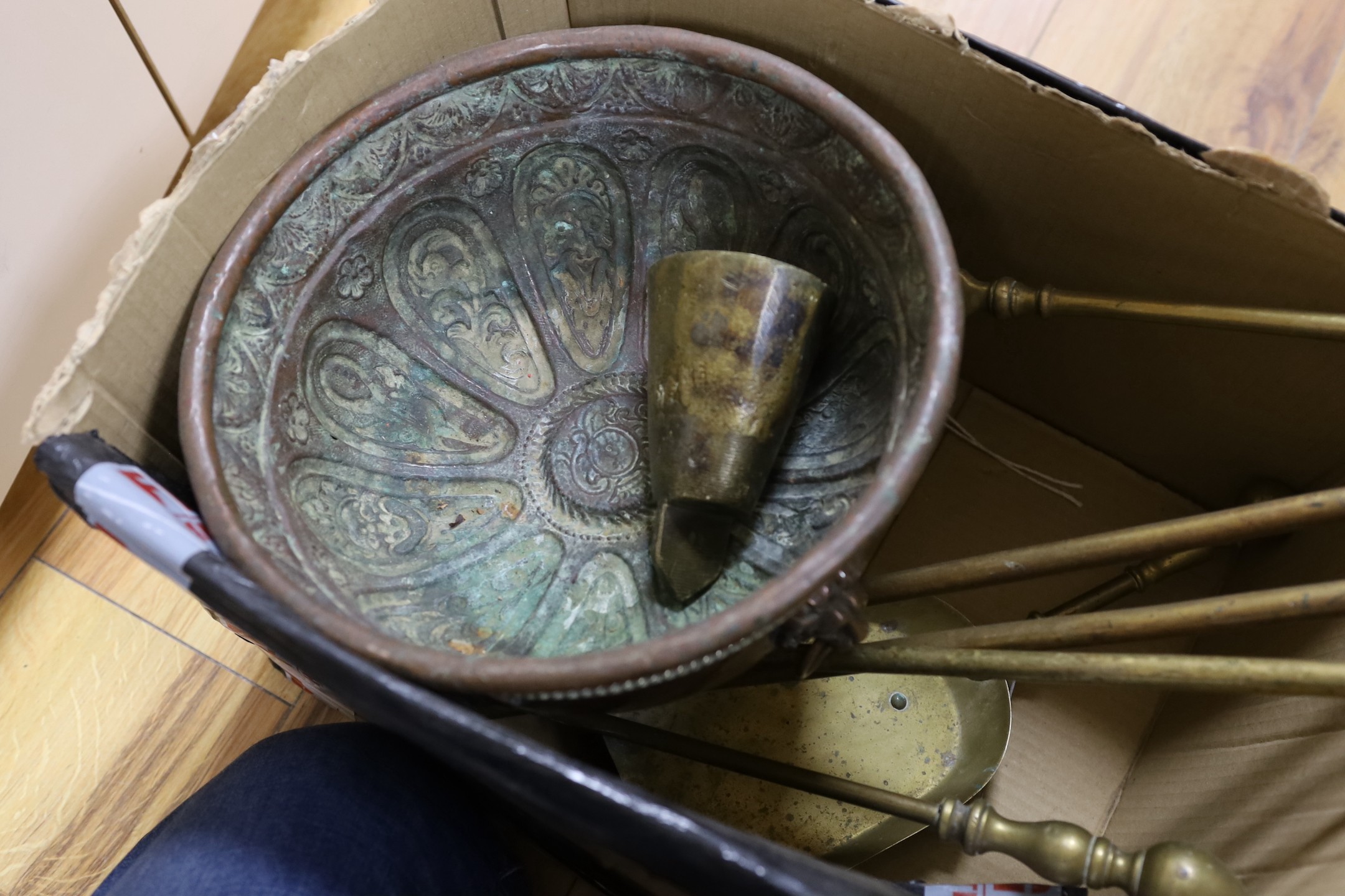 A set of three Georgian gilt bronze fire implements, a similar brass shovel and sundries